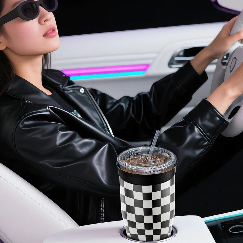 Niceyos Universal Iced Coffee Sleeve - Insulated Double Wall Reusable Stainless Steel Holder Sleeves Insulator for Cold Drinks Fits Small Medium Large To Go Cups Gifts for Men Women Him Her (Black Checkered) - Image 5